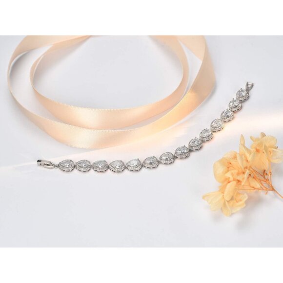 Women Silver Crystal Teardrop Zirconia Wedding Bridal Bracelet - Picture 6 of 7